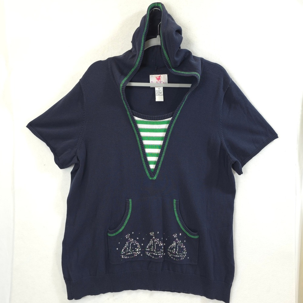 Quacker Factory Sweater Hoodie Sailboat Rhinestone Navy Women 1X Nautical Preppy